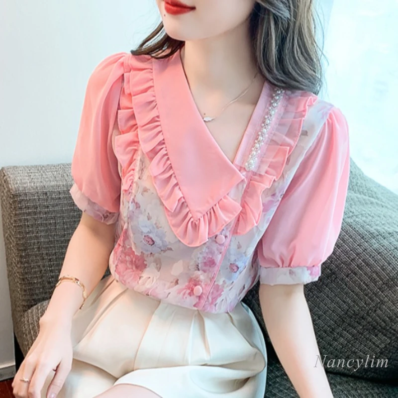 2022 Summer New Korean Style Doll Collar Short Sleeve Printed Shirt Women Fashion Ruffled Chiffon Blouses Ladies Sweet Top
2022 Summer New Korean Style Doll Collar Short Sleeve Printed Shirt Women Fashion Ruffled Chiffon Blouses Ladies Sweet Top