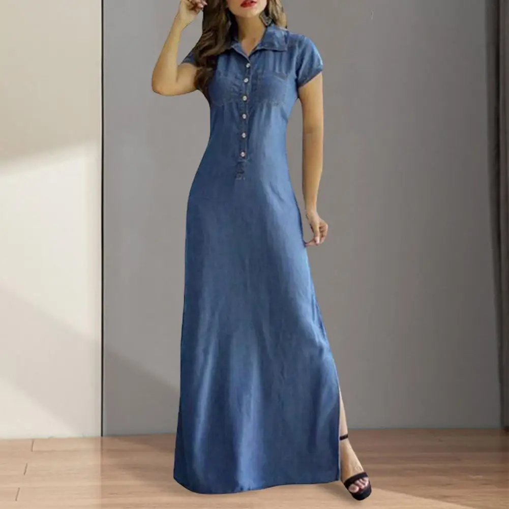 Down Collar Solid Denim Shirt Dress Lady Summer Single Breasted Side Slit Mom Long Dress Woman Casualwear Maxi Jeans Dress
Down Collar Solid Denim Shirt Dress Lady Summer Single Breasted Side Slit Mom Long Dress Woman Casualwear Maxi Jeans Dress
