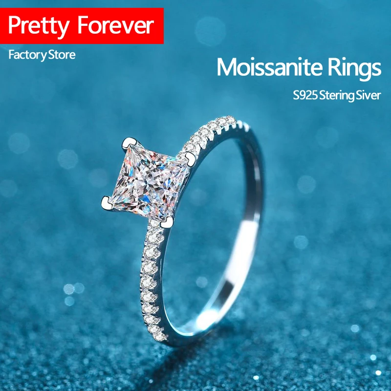 

1ct Princess Cut Moissanite Rings for Women Wedding Fine Jewely with GRA 925 Sterling Sliver Plated 18k White Gold Ring