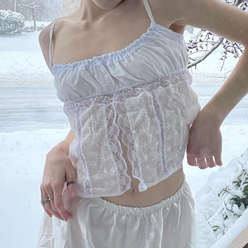 

Эстетичный белый кружевной кроп-топ Y2K Fairycore, сексуальный просвечивающий Топ Milkmaid в стиле 90-х, винтажная Милая укороченная Женская одежда дл...