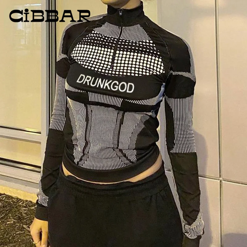 

CIBBAR Moto&Biker Long Sleeve T-shirts Female Striped Polka Dot Print Tee Tops Zip Up Turtleneck Motorcycle Shirts Race Clothes
