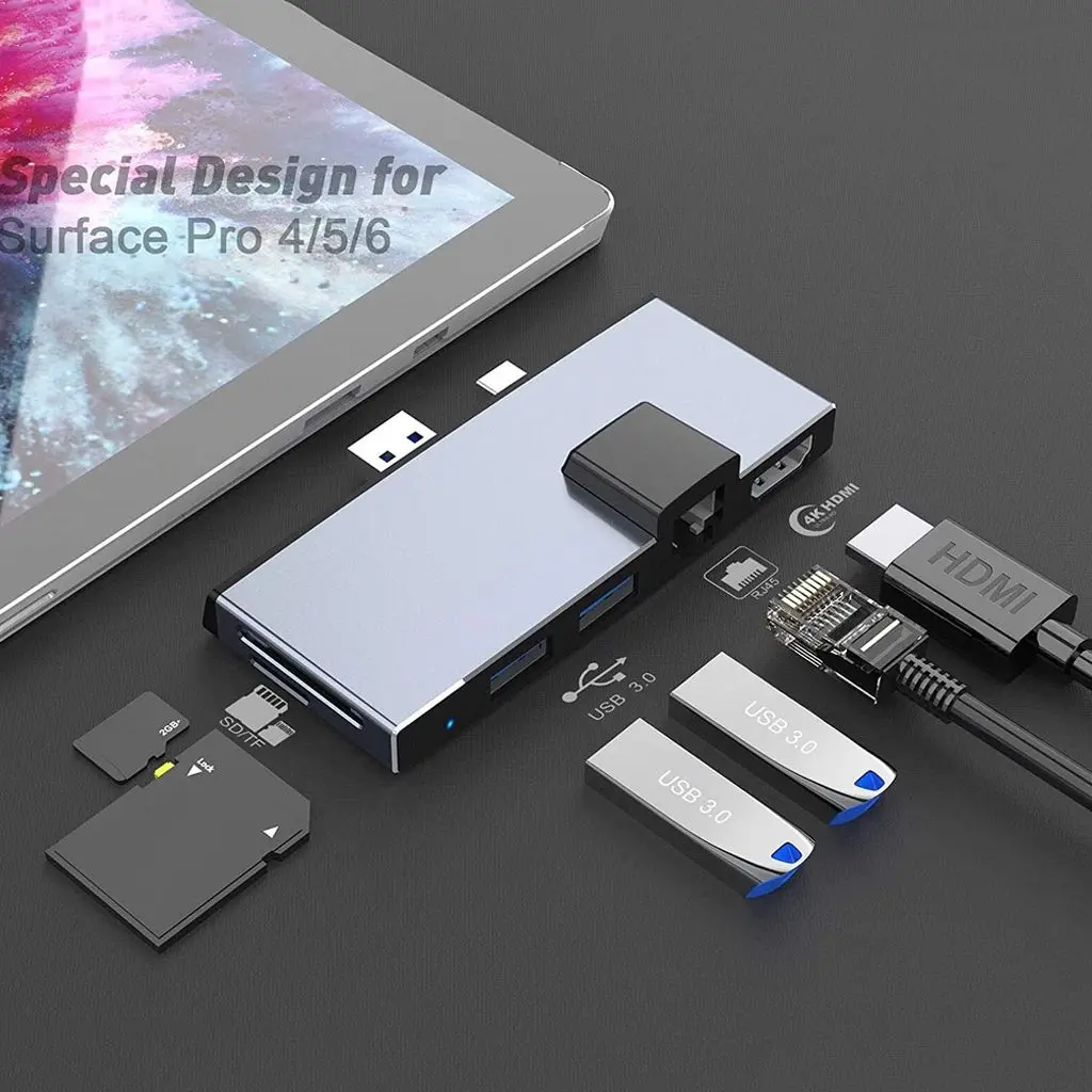 6 in 1 SD TF Card Reader USB 3.0 Converter USB Hub RJ45 Ethernet Adapter Expansion Dock For Microsoft Surface Pro 4/5/6 
6 in 1 SD TF Card Reader USB 3.0 Converter USB Hub RJ45 Ethernet Adapter Expansion Dock For Microsoft Surface Pro 4/5/6
