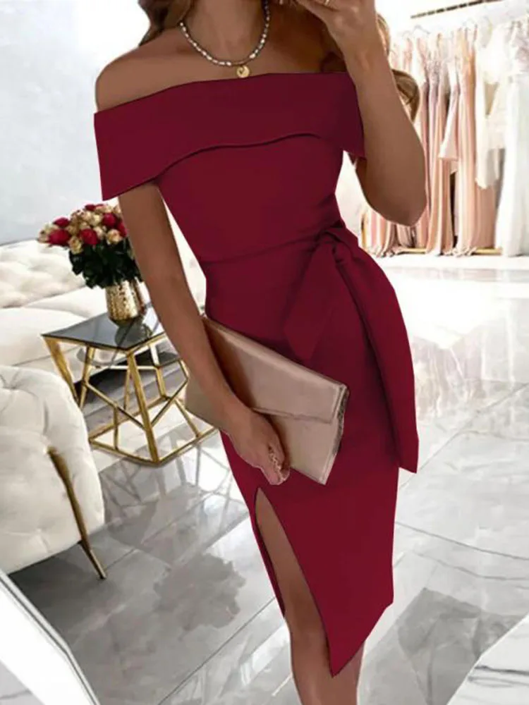 Women's Summer Slash Neck Sexy Party Dress Solid Short Sleeve Lace-Up Split Sashes Fashion Dresses For Women Holiday Streetwear
Women's Summer Slash Neck Sexy Party Dress Solid Short Sleeve Lace-Up Split Sashes Fashion Dresses For Women Holiday Streetwear