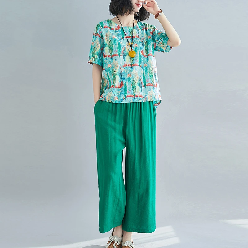 2022 New Summer Women Cotton Linen Clothing Sets Floral Print Top Wide Leg Pants 2 Pieces Casual Loose Female Fashion Suits
2022 New Summer Women Cotton Linen Clothing Sets Floral Print Top Wide Leg Pants 2 Pieces Casual Loose Female Fashion Suits