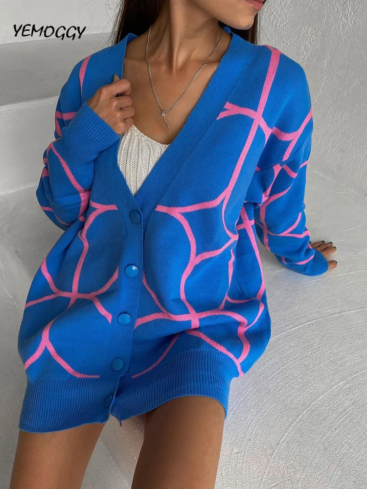 Женский жаккардовый кардиган с V-образным вырезом, свободного покроя 
Женский жаккардовый кардиган с V-образным вырезом, свободного покроя