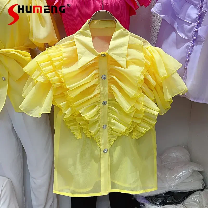 Summer 2023 Korean Style Niche Design Lapel Tops Single Breasted Feminine Ruffled Stitching Loose See-through Shirt for Women
Summer 2023 Korean Style Niche Design Lapel Tops Single Breasted Feminine Ruffled Stitching Loose See-through Shirt for Women