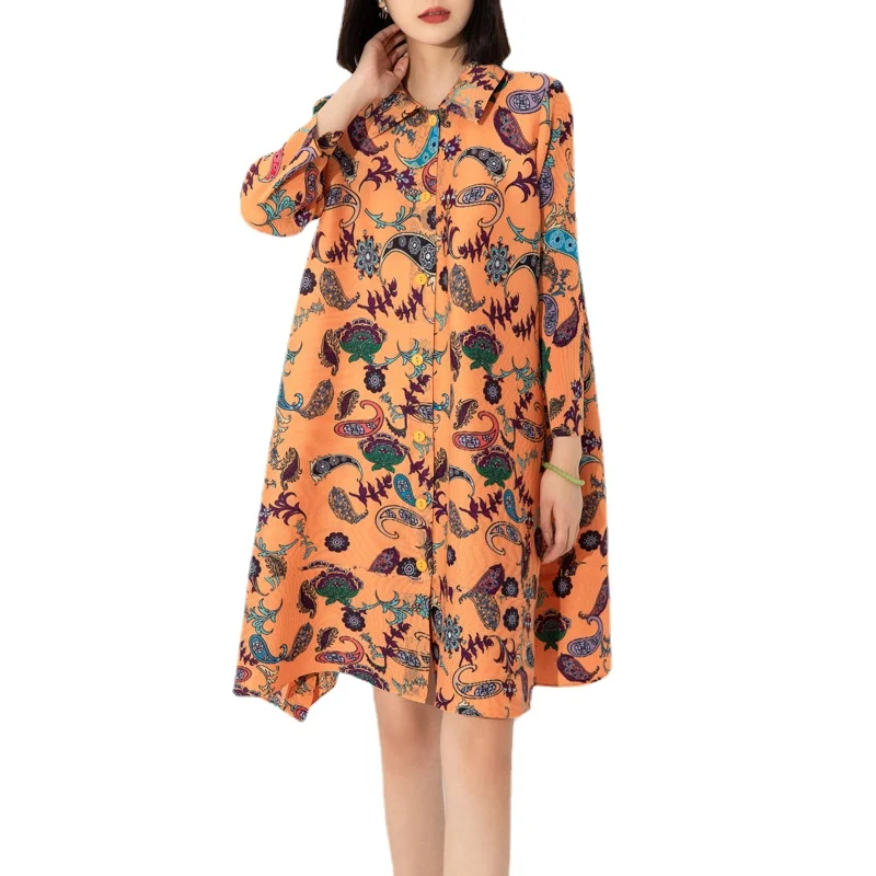 Miyake-Women's Pleated Loose Midi Dress, Square Collar, Breasted Cardigan, Printed, Large Size, New Fashion, Autumn, 2023 
Miyake-Women's Pleated Loose Midi Dress, Square Collar, Breasted Cardigan, Printed, Large Size, New Fashion, Autumn, 2023