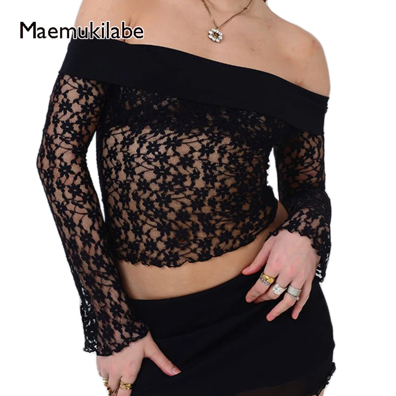 

Maemukilabe Women Sexy See-through Off Shoulder Crop Tops Fairy Coquette Floral Lace Sheer T Shirt 90s Vintage Y2K Grunge Tees