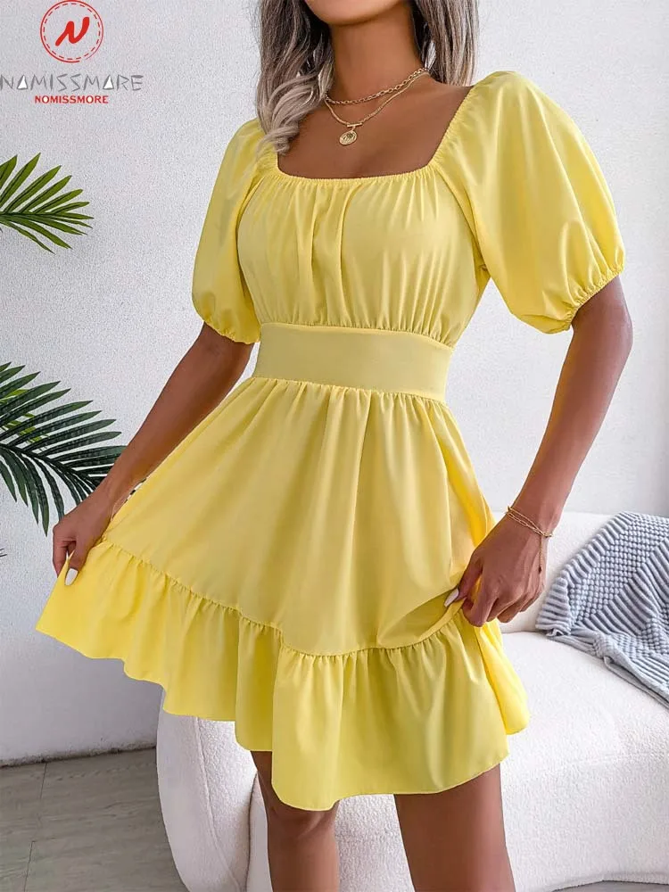 Женское однотонное платье-трапеция с бантом и оборками, летнее приталенное платье с квадратным вырезом, коротким рукавом и высокой талией
Женское однотонное платье-трапеция с бантом и оборками, летнее приталенное платье с квадратным вырезом, коротким рукавом и высокой талией