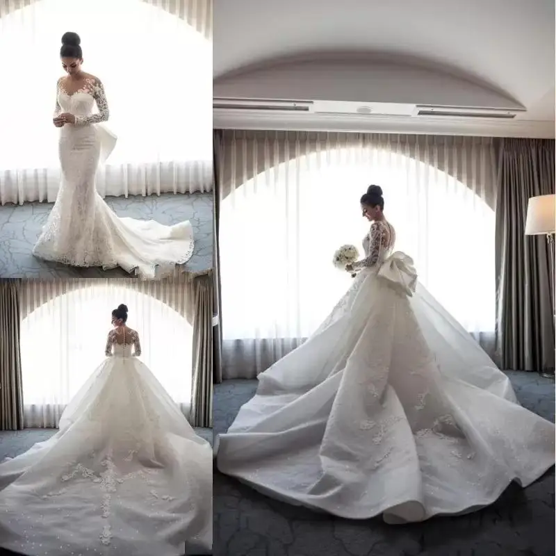 Arabic Gorgeous Mermaid Wedding Dresses with Detachable Long Train Illusion Long Sleeves Beaded Full Lace Bridal Gowns
Arabic Gorgeous Mermaid Wedding Dresses with Detachable Long Train Illusion Long Sleeves Beaded Full Lace Bridal Gowns