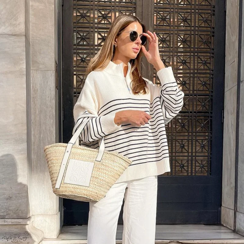 Ladies Autumn Winter Striped Knitted Loose Sweater Women Pullover Tops Long Sleeve Zipper Casual Streetwear Women Sweater Female
Ladies Autumn Winter Striped Knitted Loose Sweater Women Pullover Tops Long Sleeve Zipper Casual Streetwear Women Sweater Female