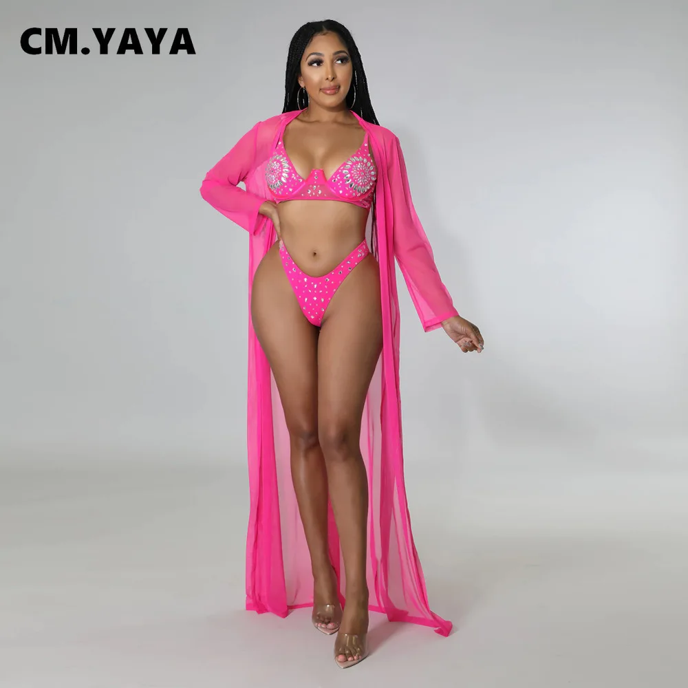 

CM.YAYA Women Diamonds Hot Rhinestones Bikinis Set with Mesh See Though Cover-ups Matching Three 3 Piece Set Outfit Swimsuit
