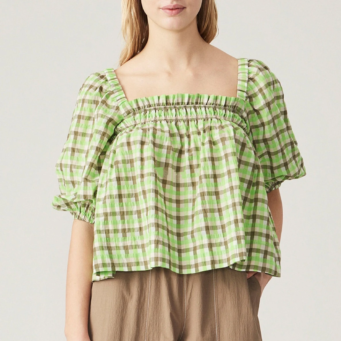 100% Cotton Women Green Plaid Blouse Chic Puff Sleeves Square Collar Backless Female Cropped Loose Shirt Top
100% Cotton Women Green Plaid Blouse Chic Puff Sleeves Square Collar Backless Female Cropped Loose Shirt Top