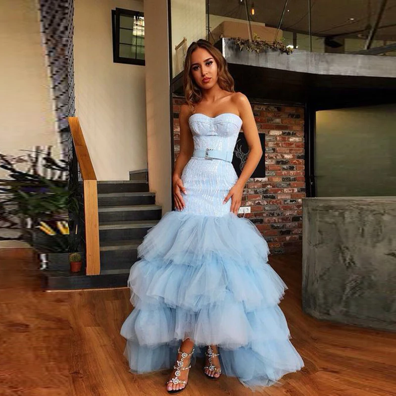 Sky Blue Mermaid Prom Dresses Sexy Strapless Tiered High Low Evening Gowns Women Formal Occasion Party Dress Robe De Soiree
Sky Blue Mermaid Prom Dresses Sexy Strapless Tiered High Low Evening Gowns Women Formal Occasion Party Dress Robe De Soiree