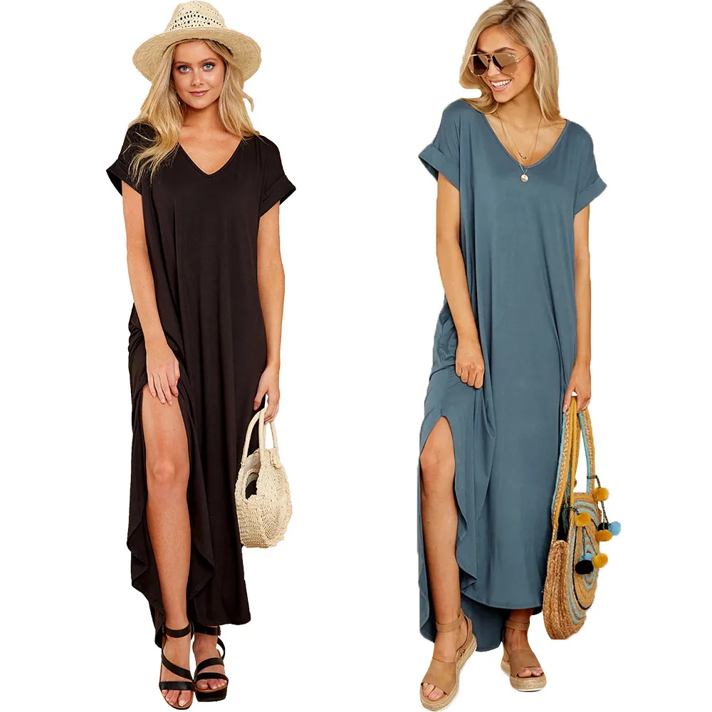 European and American new women's short sleeve V neck loose slit solid color dress large dress
European and American new women's short sleeve V neck loose slit solid color dress large dress