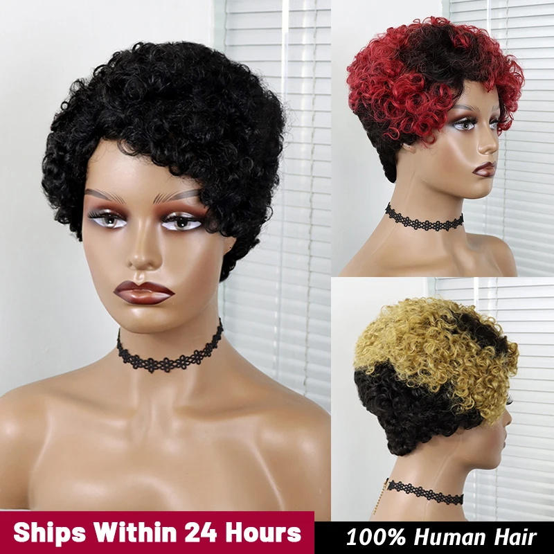 

Human Hair Wigs Curly Wave Side Part Wig Short Bob Pixie Cut Brazilian Remy Human Hair Deep Curly None Lace Front Wigs for Women