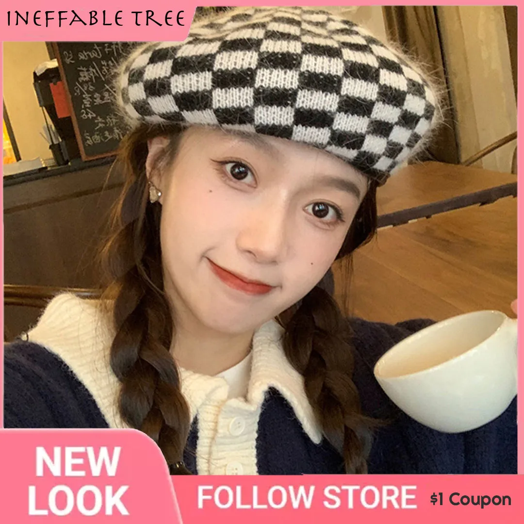 

Women Checkerboard Rabbit Fur Beret Large Head Circumference Cloud Chessboard Lattice Hat Painter Plaid Grid Beret Casquette