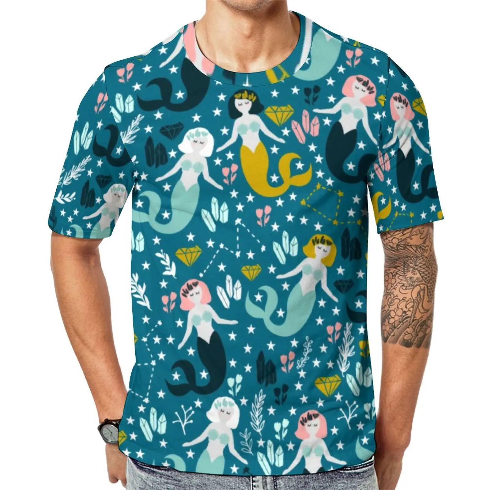 

Милая футболка Русалка, звезды и цветочный принт, винтажные футболки для мужчин, оригинальная графическая футболка с коротким рукавом, женская футболка