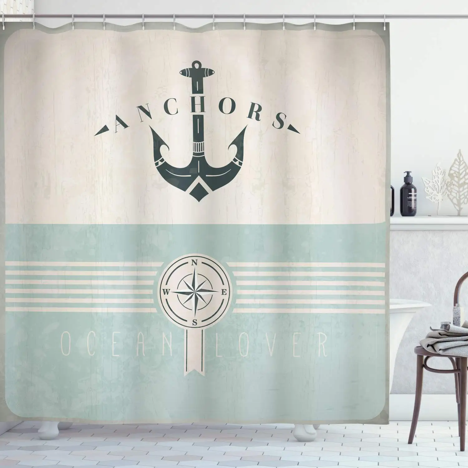 

Nautical Shower Curtain Vintage Marine Design for Ocean Lovers Anchor Compass and Stripes Fabric Bathroom Decor Set with Hooks