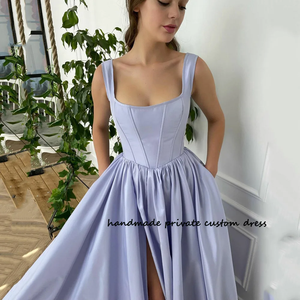 

Lavender A Line Fairy Homecoming Prom Dresses Draped Satin Sexy High Split Evening Party Dress Long Princess Graduation Gowns