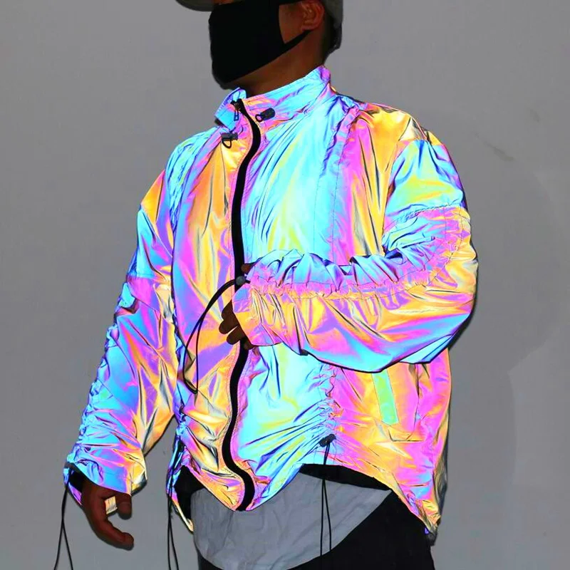 

Men Geometric Circuit Lines Colorful Reflective Jackets Hip Hop Windbreaker Men's Reflect Light Casual Coats Jaqueta Masculina