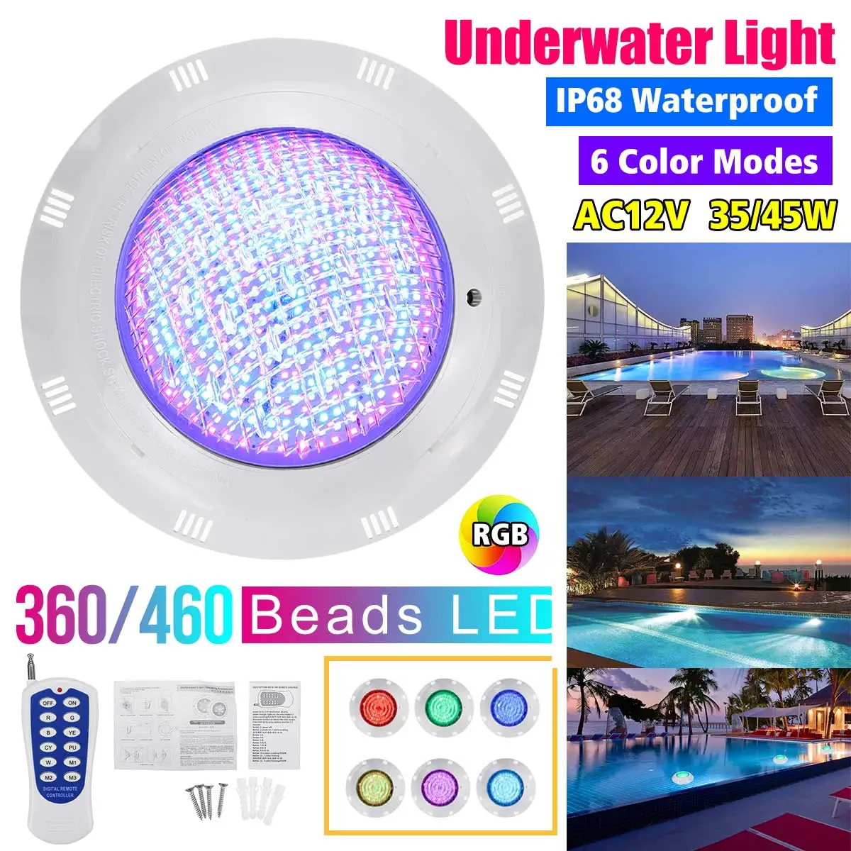 45W/35W LED Underwater Swimming Pool Lights RGB AC12V Color Changing IP68 Waterproof Lamp with Remote Control Decoration Lightin
45W/35W LED Underwater Swimming Pool Lights RGB AC12V Color Changing IP68 Waterproof Lamp with Remote Control Decoration Lightin
