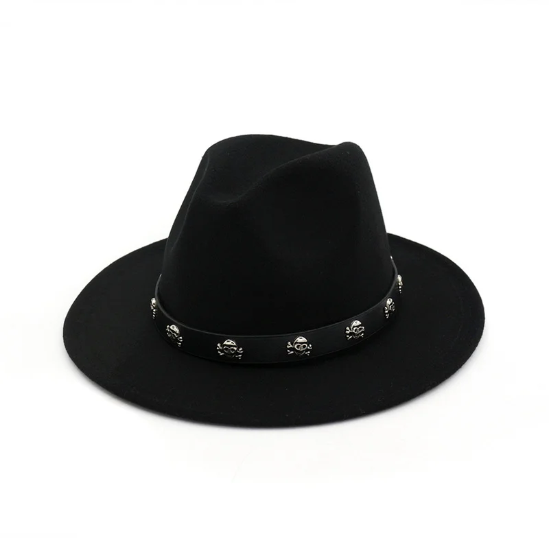 

Black leather Belt Decoration Felt Hats Artificial Wool Blend Simple Wide Winter Fedora Hats Church Wedding Party Jazz Hat