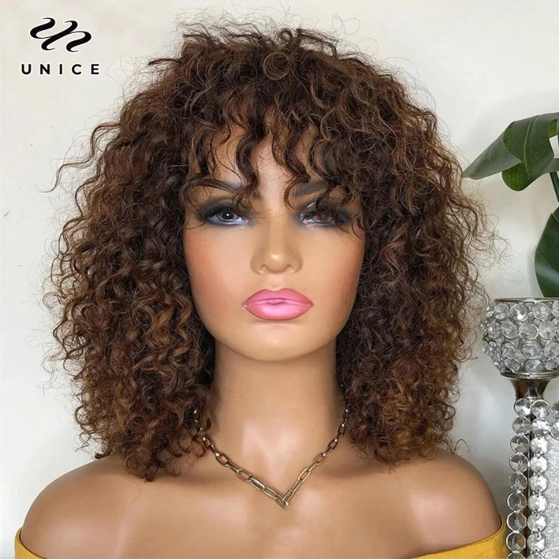 

Unice Hair Brown Auburn Deep Curly Bob Wig Short Remy Human Hair Wigs with Bang Piano Highlight Deep Wave Wigs for Women 16''