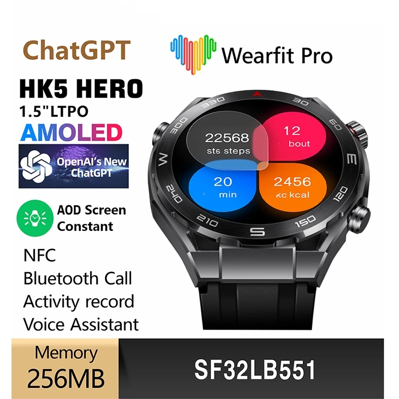 

for HUAWEI ChatGPT HK5 Hero Smart Watch Amoled Screen 1.5 Inch Ltpo Men NFC Smartwatch Wireless Charging Bluetooth Call GPS 2023