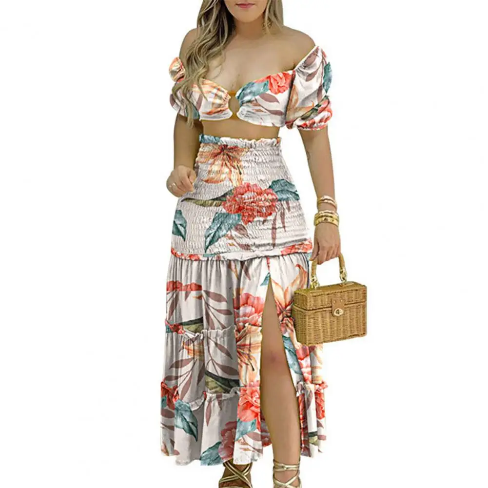 Tops Skirt Set Short Sleeves Backless Off Shoulder Sweet Floral Pattern Hollow Out High Waist Shirring Lady Blouse Skirt Suit
Tops Skirt Set Short Sleeves Backless Off Shoulder Sweet Floral Pattern Hollow Out High Waist Shirring Lady Blouse Skirt Suit