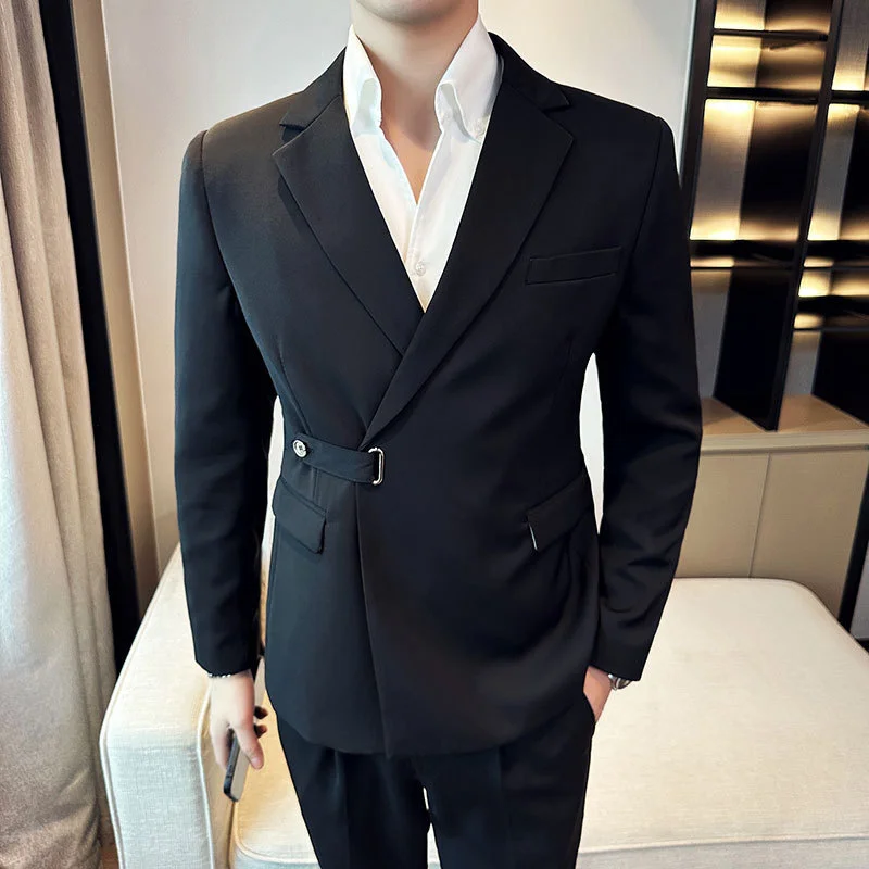 

(Блейзеры + брюки) мужской костюм лучшего мужчины, Свадебный деловой смокинг для жениха, британский тонкий дизайнерский костюм с скобой/Мужские костюмы, куртка, 2 шт.