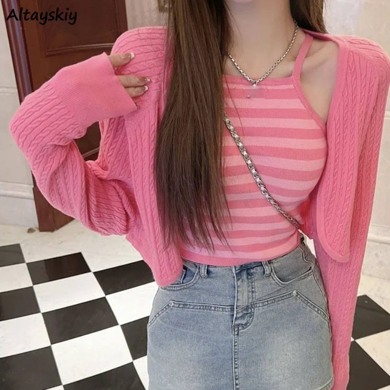 

Sets Women Striped Slim Hotsweet Backless Knitted Camis Cropped Cardigans Simple All-match Korean Style Tender Chic Temperament