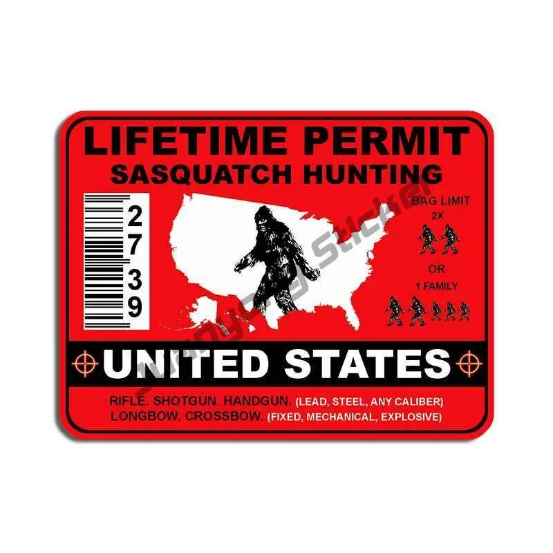 United States Sasquatch Hunting Permit Sticker Bigfoot Woods Gun Bow bodywork Stickers Styling Cover Scratches Accessories
United States Sasquatch Hunting Permit Sticker Bigfoot Woods Gun Bow bodywork Stickers Styling Cover Scratches Accessories
