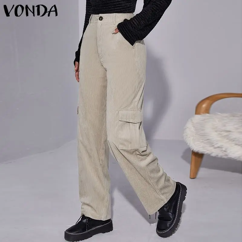 

2022 VONDA Women Corduroy Pants Casual High Waist Vintage Straight Long Trousers Hosen Damen Femininas Wide Leg Pants Female