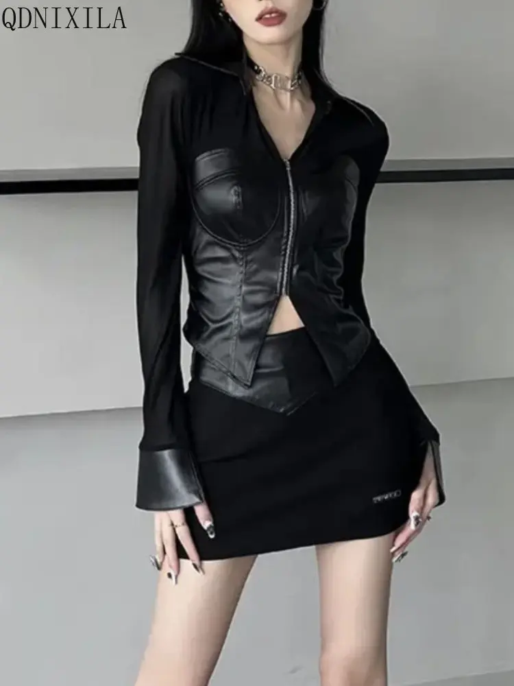 Two Piece Set for Women New In Matching Sets Personality Short PU Stitching Shirts and Blouses Fashion Sexy Mini Women's Skirt
Two Piece Set for Women New In Matching Sets Personality Short PU Stitching Shirts and Blouses Fashion Sexy Mini Women's Skirt