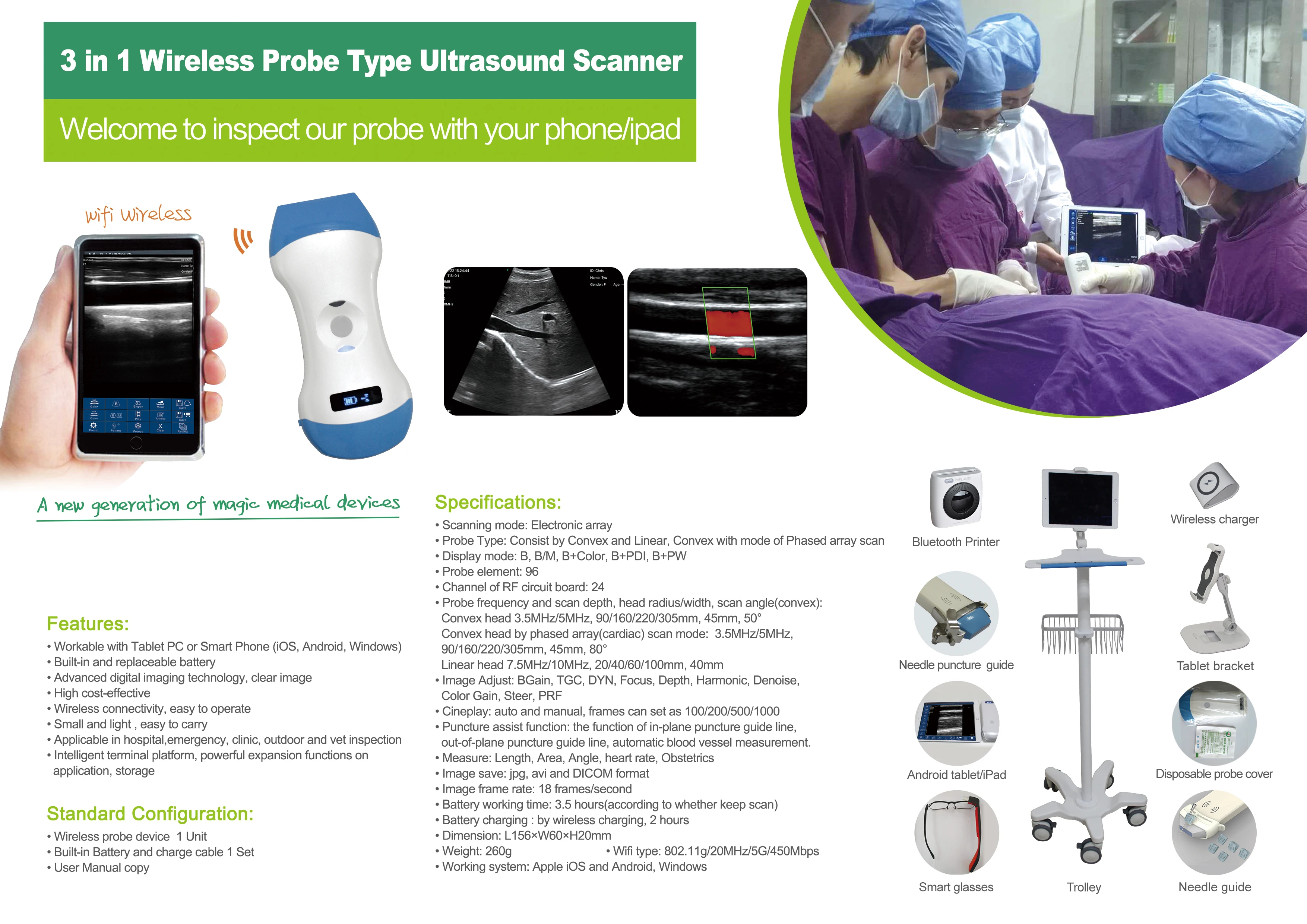 Free Suitcase Wifi Wireless Color Ultrasound Doppler 3 in 1 Probe Convex Linear Phased Array Probe support iOS Android Windows
Free Suitcase Wifi Wireless Color Ultrasound Doppler 3 in 1 Probe Convex Linear Phased Array Probe support iOS Android Windows