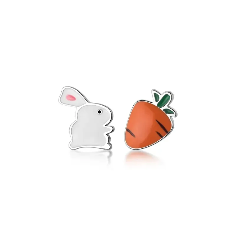 

925 Silver Cute Fashion Asymmetric Rabbit Carrot Earrings for Women enamel Fun Cartoon Earings Stud fine jewelry gift INS