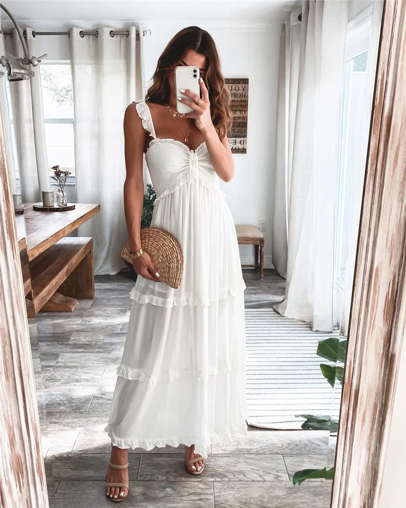 Women Dress 2022 Summer Sleeveless Spaghetti Strap Ruffle Maxi Dress Solid Color Bohemian Beach Loose Dresses Female
Women Dress 2022 Summer Sleeveless Spaghetti Strap Ruffle Maxi Dress Solid Color Bohemian Beach Loose Dresses Female