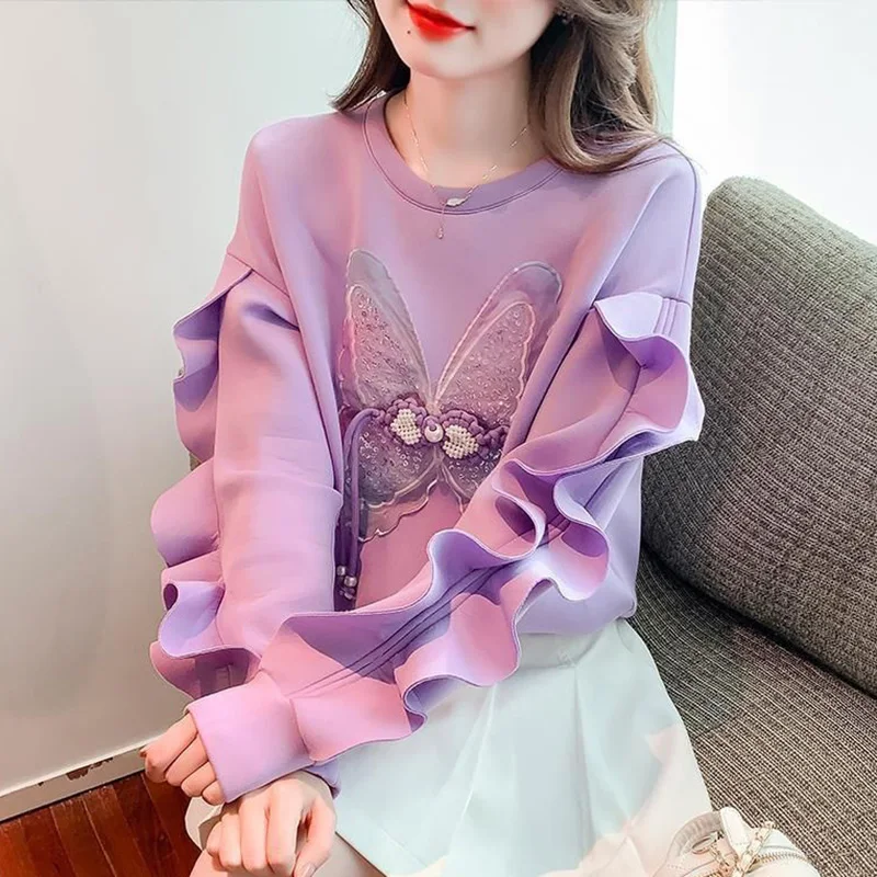 

Fashion O-Neck Spliced Loose Bow Beading Ruffles Blouse Female Clothing 2023 Autumn New Casual Pullovers All-match Commute Shirt