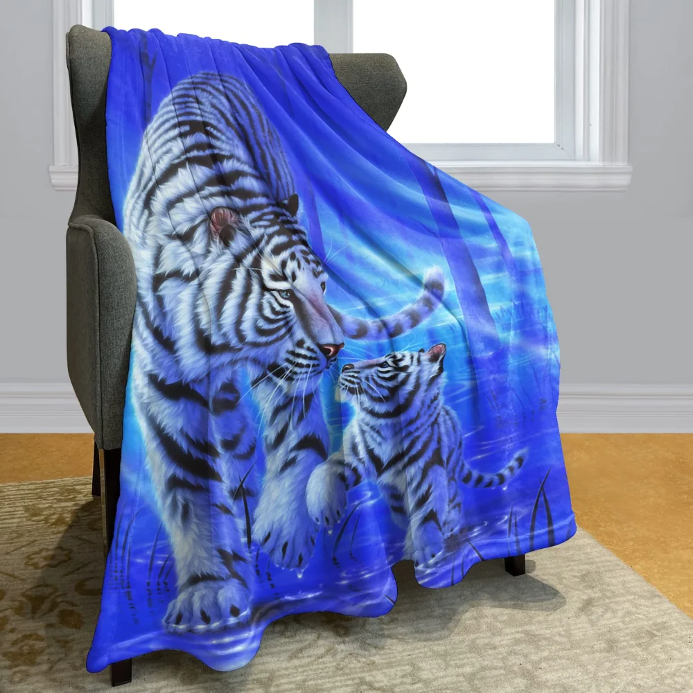 

White Tiger Throw Blanket Soft Cozy Warm Flannel Blanket Siberian White Tiger Under The Blue Starry Night Blankets for Sofa Bed