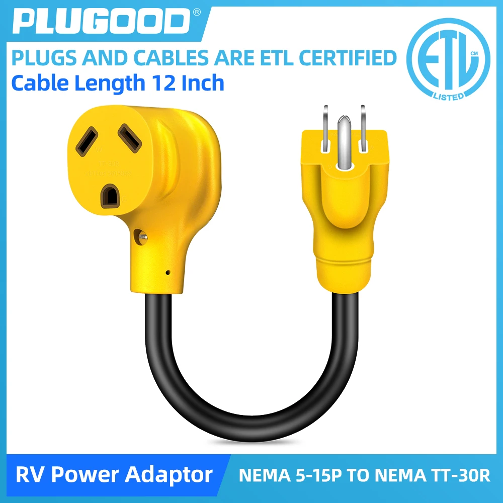 

PLUGOOD RV Power Adapter Cord NEMA 5-15P Male To NEMA TT-30R Female 125V 15A 12 Inch Electrical Adapter Plug With LED ETL Listed