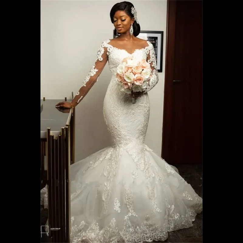Full Sleeve Lace Applique Bridal Gowns Illusion Back robe de soiree African Mermaid Wedding Dresses
Full Sleeve Lace Applique Bridal Gowns Illusion Back robe de soiree African Mermaid Wedding Dresses