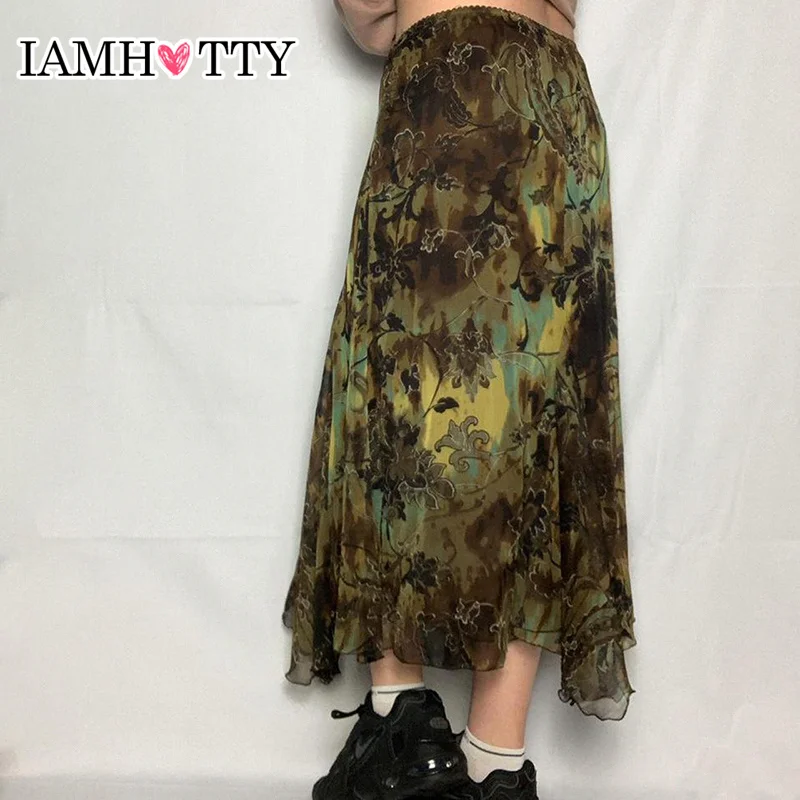 

IAMHOTTY Printed Fairycore Grunge Mesh Long Skirt Y2K Aesthetic Straight Boho Skirts Vintage Streetwear Holiday Chic Outfit New