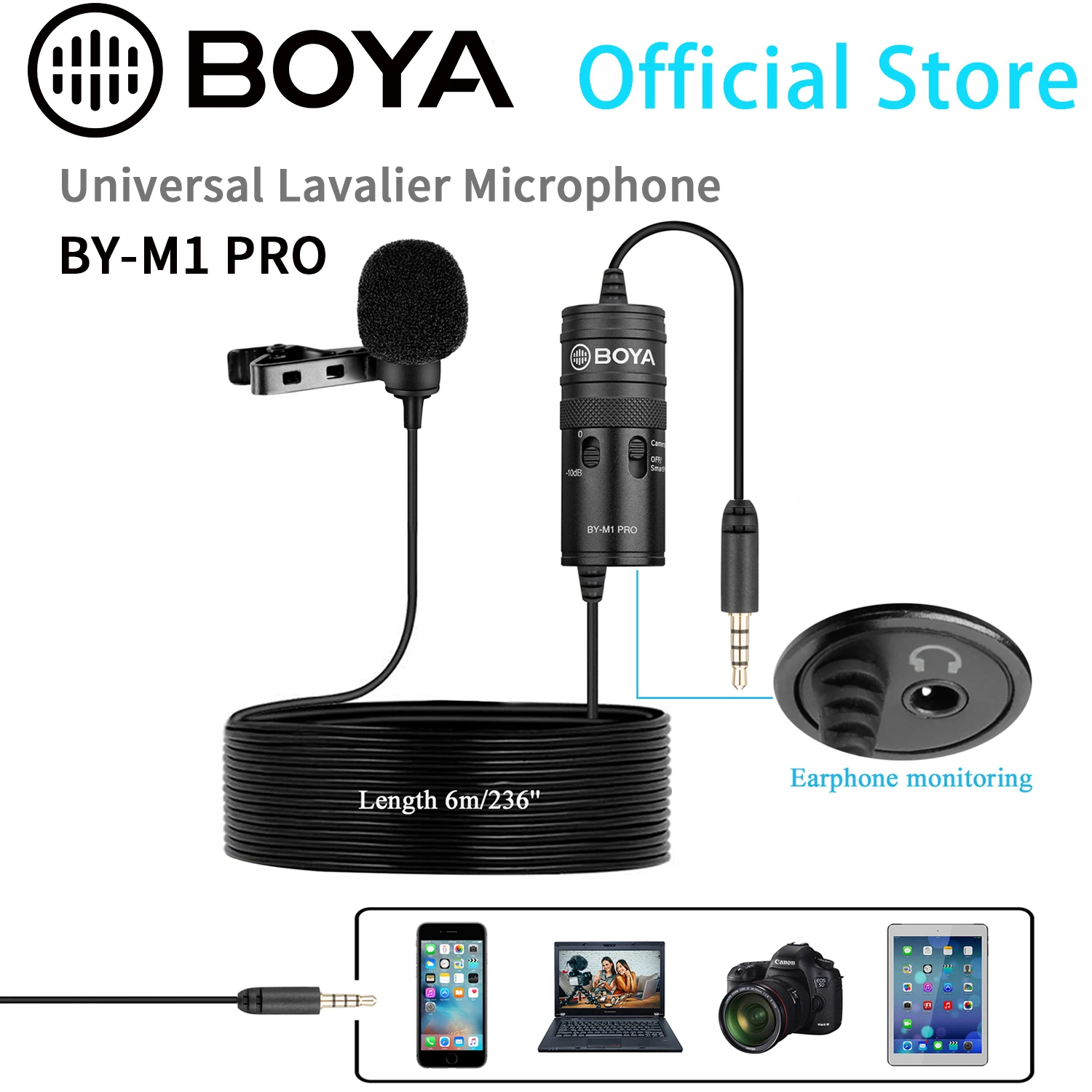 

BOYA BY-M1 PRO 6m Omnidirectional Condenser Monitor Lavalier Microphone for Smartphones DSLRs camcorders audio recorders