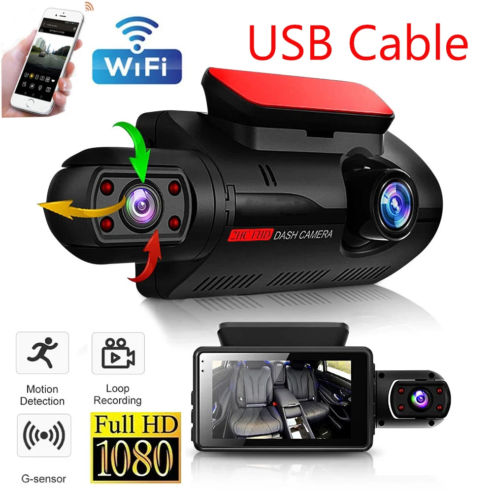 

Автомобильный видеорегистратор с двумя объективами, черный ящик, HD 1080P, Автомобильный видеорегистратор с Wi-Fi, ночным видением, акселерометром, циклической записью, видеорегистратор, автомобильная камера
