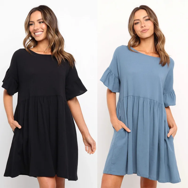 Summer Fashion O Neck Ruffle Patchwork Short Sleeve Women's Dress 2021 Casual Loose Solid Folds Pocket Ladies Sexy Mini Dresses
Summer Fashion O Neck Ruffle Patchwork Short Sleeve Women's Dress 2021 Casual Loose Solid Folds Pocket Ladies Sexy Mini Dresses