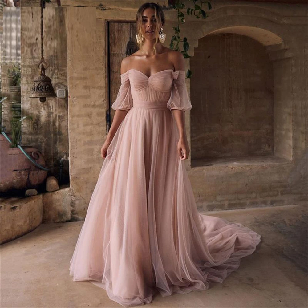 POMUSE Pink Prom Dresses Boho Beach Evening Dress Off Shoulder Vintage Cheap Wedding Party Gowns With Short Sleeve Plus Size 
POMUSE Pink Prom Dresses Boho Beach Evening Dress Off Shoulder Vintage Cheap Wedding Party Gowns With Short Sleeve Plus Size