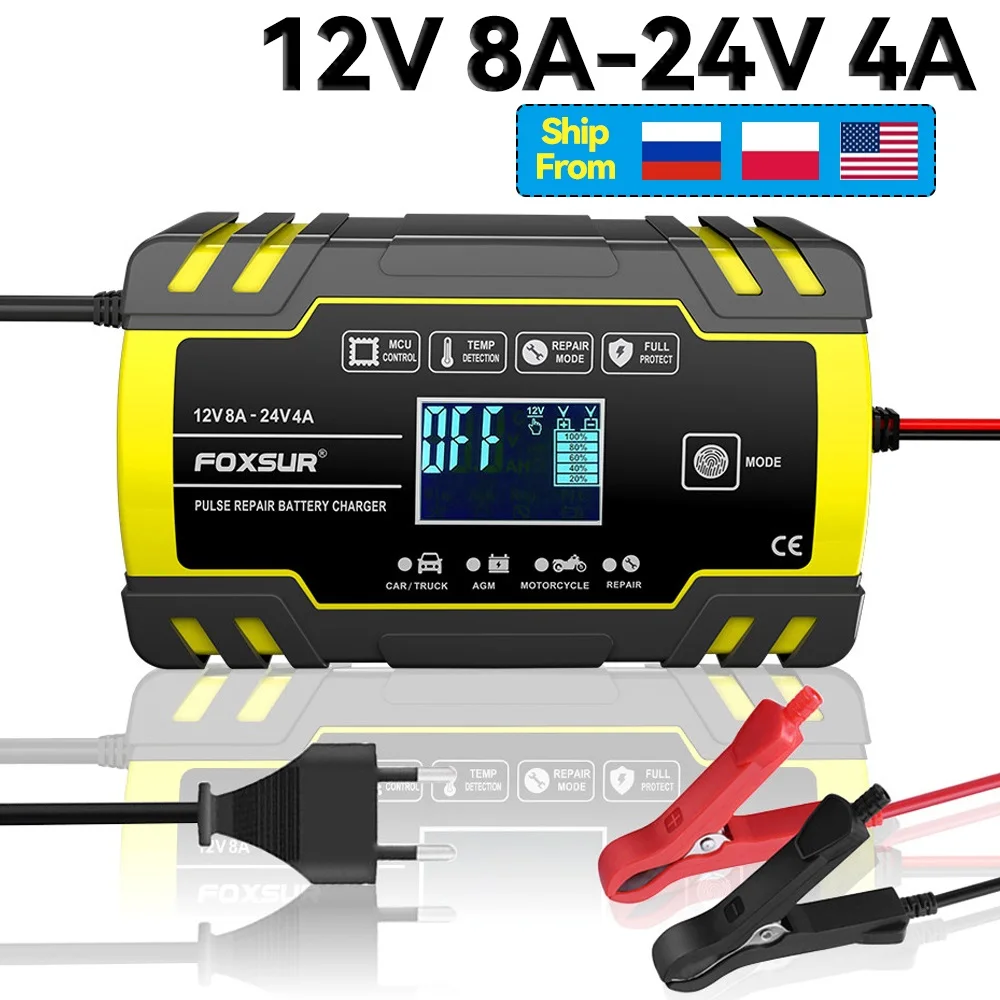 FOXSUR 8A 12V 24V Charger for Car Battery Pulse Repair 3-stage Automatic Fast Charging For Lead Acid Agm Gel Truck Motorcycle
FOXSUR 8A 12V 24V Charger for Car Battery Pulse Repair 3-stage Automatic Fast Charging For Lead Acid Agm Gel Truck Motorcycle