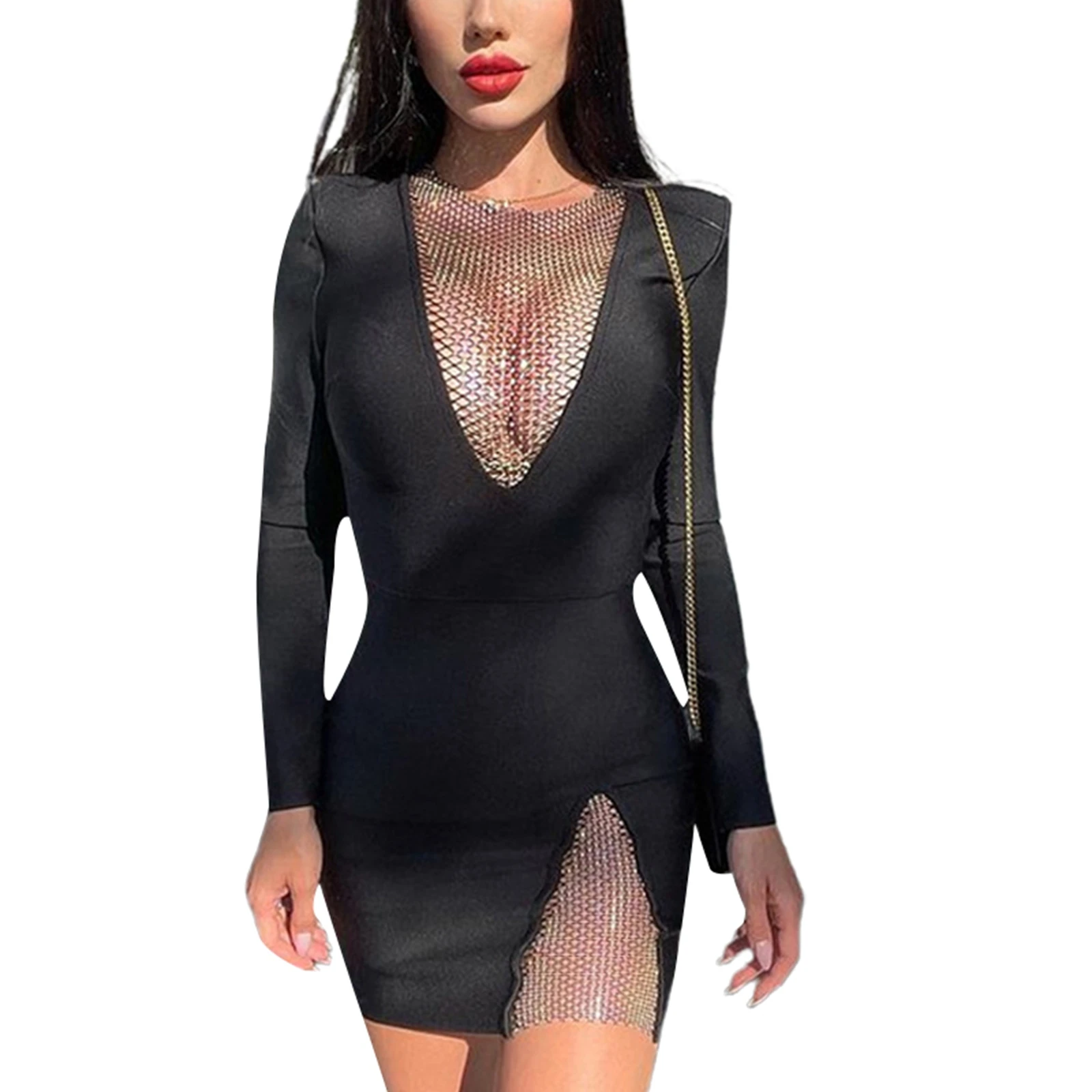 Women Solid Color Dress, Long Sleeve Hem Side Split Mesh Deep V Neck Dress Hip Wrapped, Women Clothing
Women Solid Color Dress, Long Sleeve Hem Side Split Mesh Deep V Neck Dress Hip Wrapped, Women Clothing