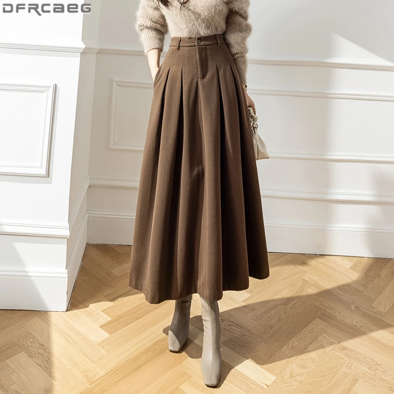 

2023 Winter Woolen Long Skirts For Women Elegant OL High Waist A-Line Pleated Maxi Skirt Vintage Big Swing Jupe Plissee Femme